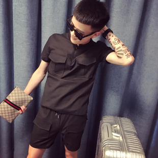 社会小伙短袖套装男夏季帅气潮流修身一套精神快手红人上衣服短裤