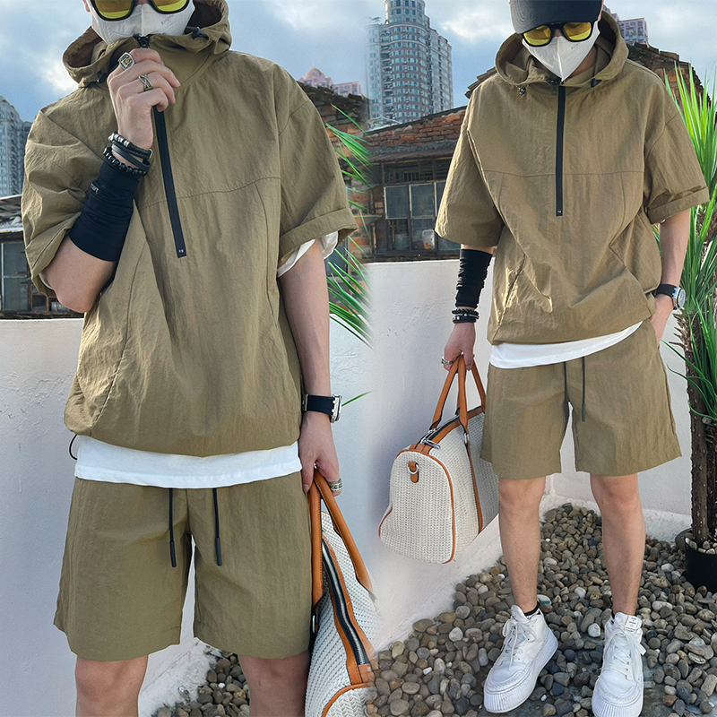 夏季男士日系风套装工装款短袖短裤休闲宽松外套衬衣薄款连帽卫衣