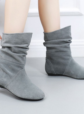 秋冬加绒翻毛皮马丁靴女平底平跟真皮短靴磨砂皮平底靴中筒靴女靴