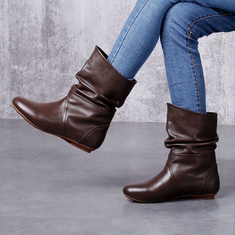软皮中筒靴平底半筒靴真皮休闲