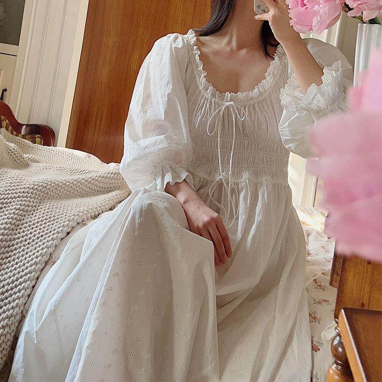 柒玥家重磅全棉刺绣法式慵懒风唯美睡裙 甜美宫廷复古公主风睡衣