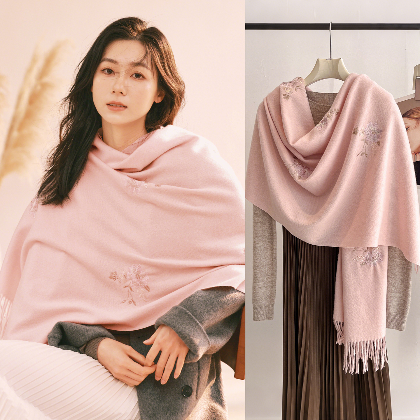 粉色围巾女冬季妈妈旗袍披肩外搭2025新款护颈围脖仿羊绒披风斗篷