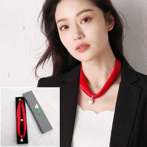 真丝磁扣丝巾项链珍珠吊坠颈带