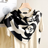 山茶花 真丝斜纹丝巾轻奢高级感大牌桑蚕丝大方巾围巾披肩女外搭