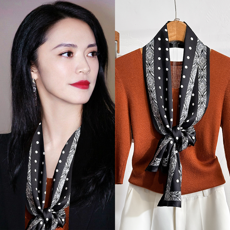 黑色波点飘带真丝长条丝巾女2025新款高级感洋气时尚桑蚕丝窄围巾