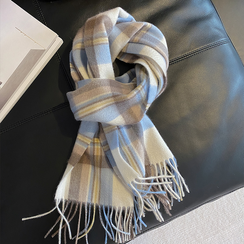 格子蓝色山羊绒围巾女大牌高级感披肩两用cashmere护颈围脖男秋冬
