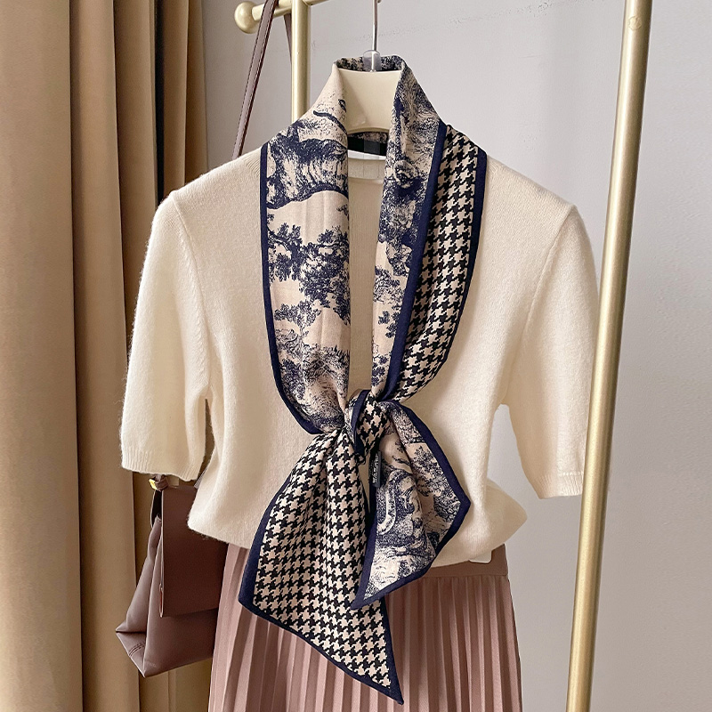 双面异色真丝千鸟格羊毛长条丝巾