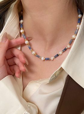 蓝色天然石串珠项链天然淡水珍珠竹节氛围感锁骨链轻奢东陵玉项链