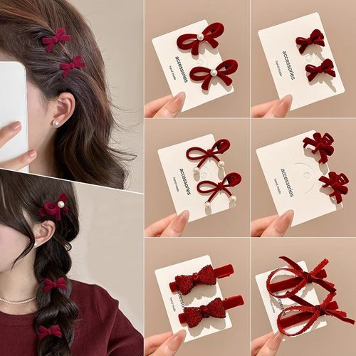 新年红色丝绒珍珠蝴蝶结刘海发夹女高级感侧马尾编发夹子圣诞头饰