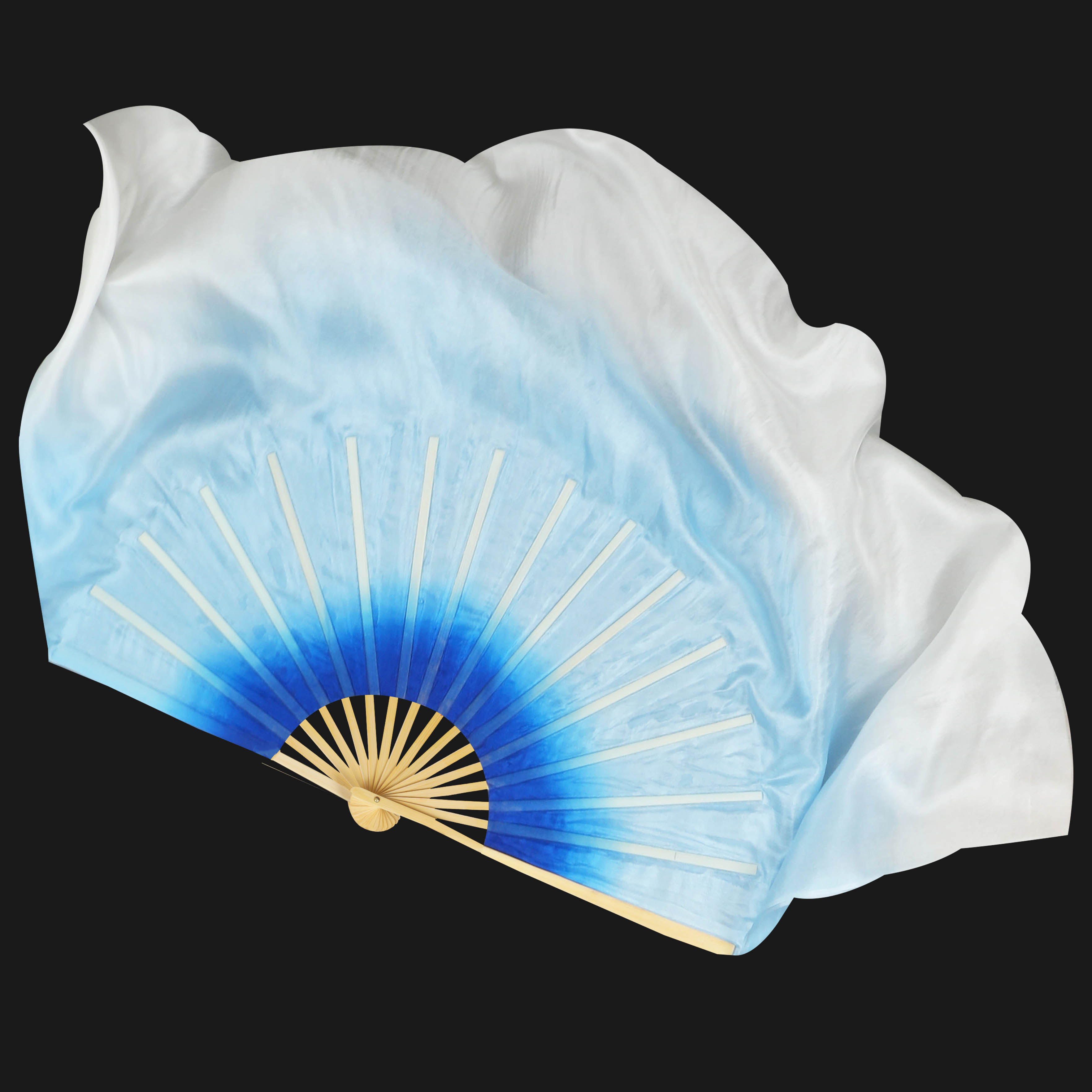 真丝舞蹈扇子渐变色宝蓝浅蓝白双面扇中国舞古典风海洋秧歌扇子