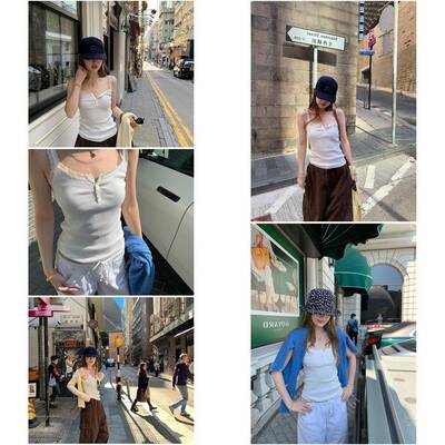 yoyozizhi美式复古辣妹蕾丝边吊带背心女夏季修身内搭外穿上衣
