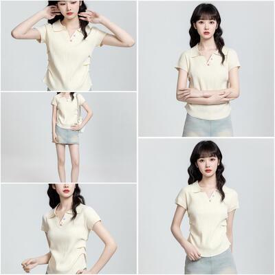 杏色POLO领针织短袖T恤女夏2026夏季新款褶皱收腰V领T恤短款上衣