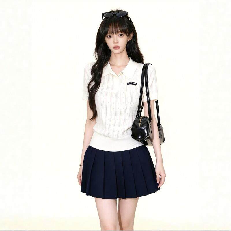 白色polo领短袖t恤女2026夏季新款小个子正肩修身显瘦针织衫上衣