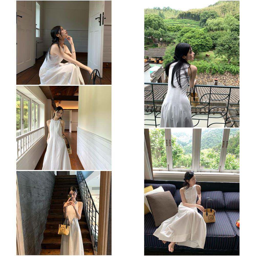 ThreeH 极简老钱风 重工收腰度假洋装女夏日绝美白色长裙大伞裙
