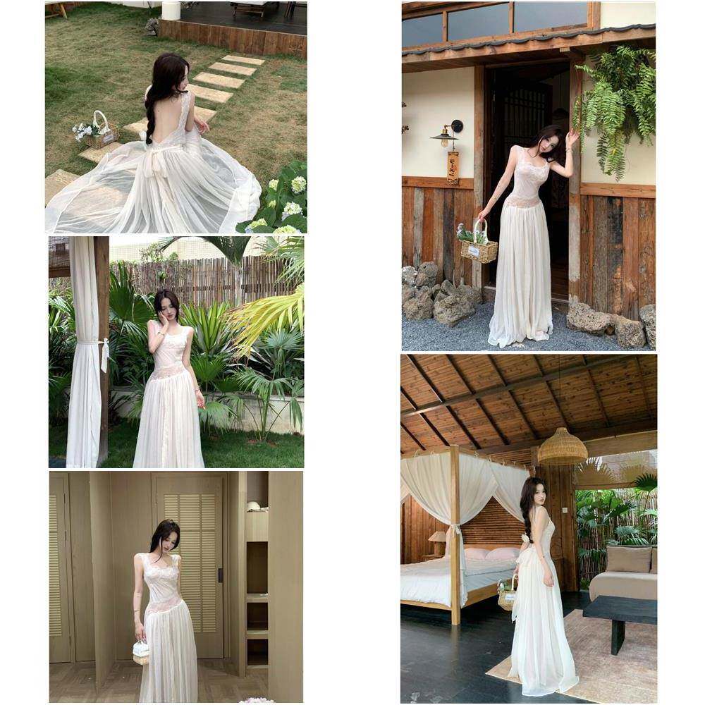白色蕾丝拼接吊带洋装女夏季温柔风收腰大摆a字裙绑带露背长裙