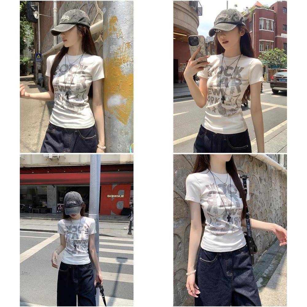 港味正肩甜辣妹印花短袖T恤女夏季新款修身洋派设计感小众上衣女