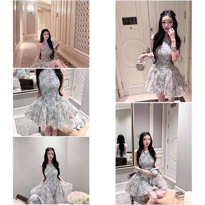 Qiauuu雾灰清矜 定染雾兰*盘带绣 甜美花朵蓬蓬公主风洋装女