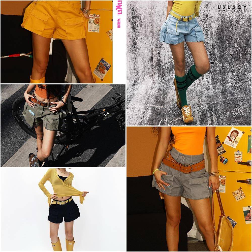 哟酷酷 (落日骑士)春夏季小众设计感美式覆古休闲 短裤女工装裤女