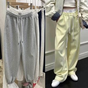 2025春季新款松紧腰拼接蕾丝边运动卫裤女宽松显瘦束脚两穿卫裤潮