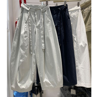 长裤 欧洲站春季 显瘦设计感弯刀裤 女宽松休闲裤 潮 新高腰系带阔腿裤