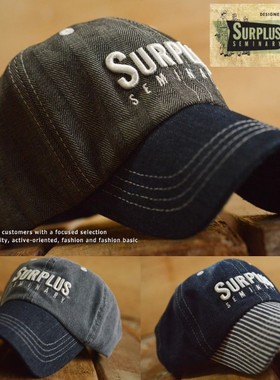 日潮小众SURPLUS水洗复古做旧阿美咔叽鸭舌棒球帽DENIM丹宁牛仔布