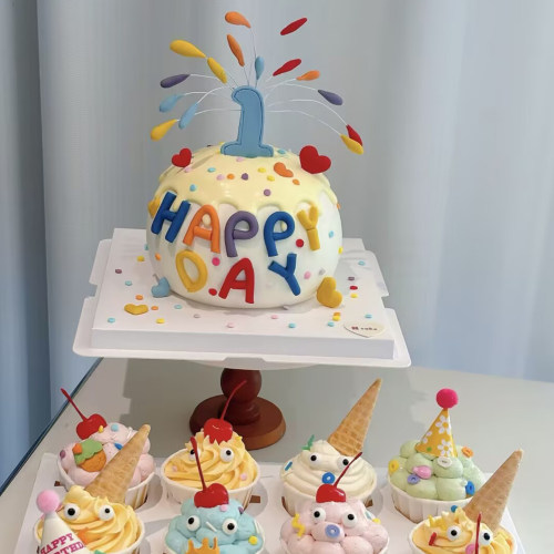 宝宝周岁灿烂礼花蛋糕装饰插件爱心气球数字yan花彩色字母HB配件