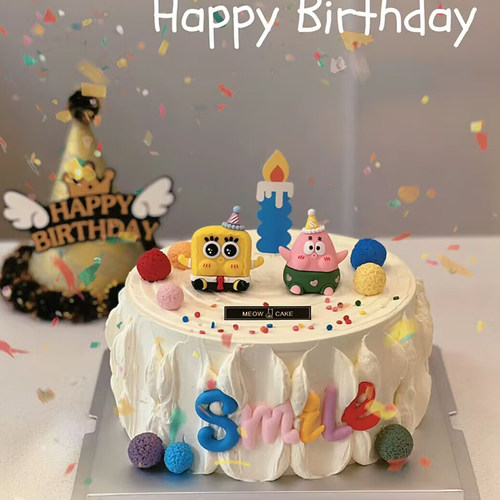 海棉宝派达星蛋糕装饰插件网红粉胖子可爱多巴胺彩色字母笑脸配件