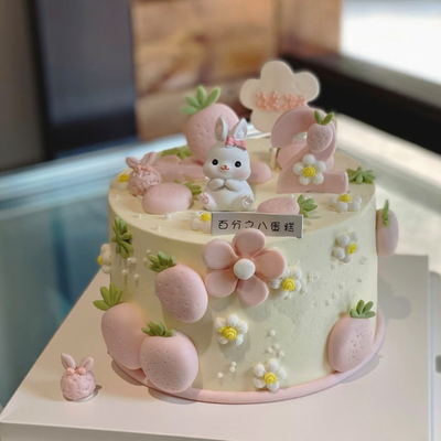 兔宝宝生日蛋糕装饰插件生肖兔胡萝卜珍珠兔耳朵简约奶盖兔子周岁