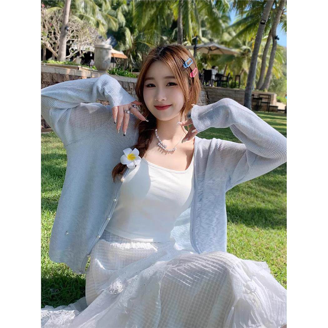 蓝色防晒针织开衫女春夏