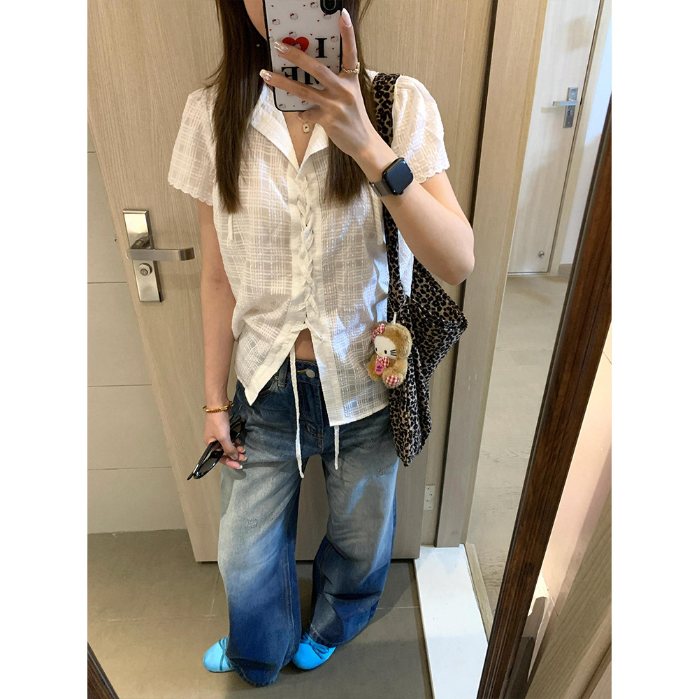 法式系带正肩短袖白衬衫