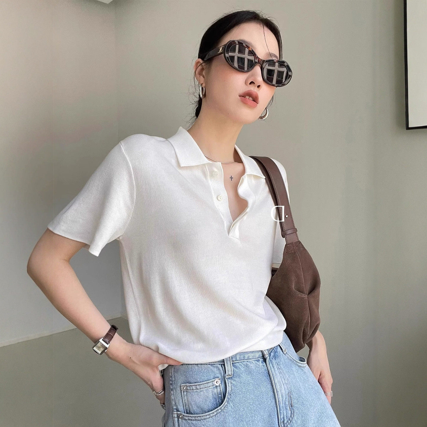 老钱风白色冰丝针织短袖polo衫T恤女夏季薄款高级感翻领正肩上衣