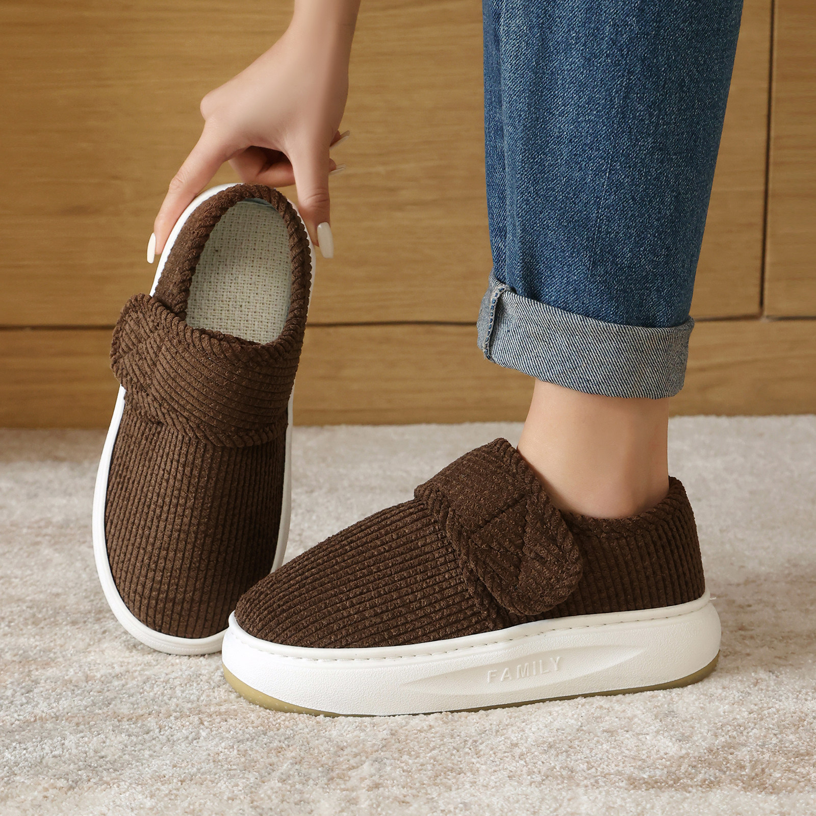 春秋薄款包跟棉拖鞋男女士居家月子鞋防滑厚底外穿春夏亚麻棉布鞋