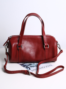 红色小包女真皮波士顿包手提单肩斜挎包通勤包高级感婚礼包圆筒包