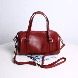 红色小包女真皮波士顿包手提单肩斜挎包通勤包高级感婚礼包圆筒包