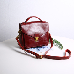 JUUZ LAN真皮红色小包包女包小方包头层牛皮手机包单肩斜挎小挎包