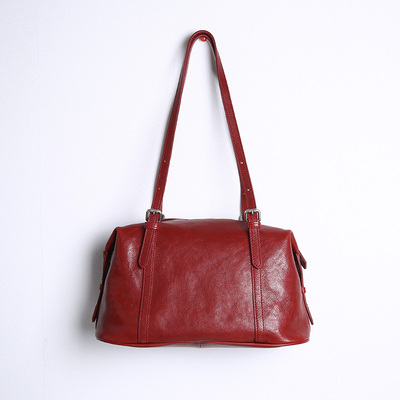 红色真皮保龄球托特包女波士顿