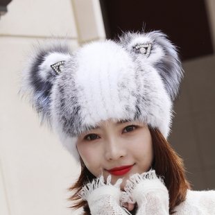磊璇新款 貂皮编织帽子女冬天 可爱猫耳朵护耳皮草帽子水貂帽女冬季