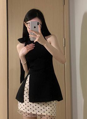 法式高级感黑色无袖上衣波点半身裙女夏季气质显瘦套装