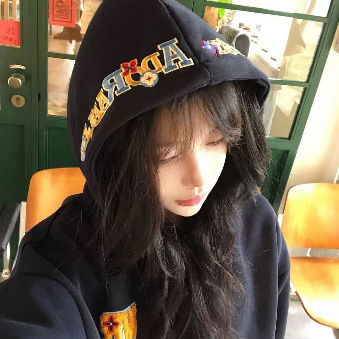 美式复古字母刺绣连帽卫衣