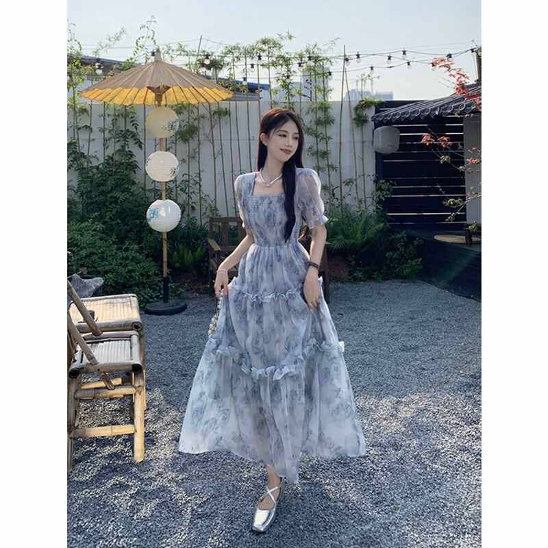 女装夏季新款胖mm法式复古水墨画印花方领泡泡袖连衣裙长裙子