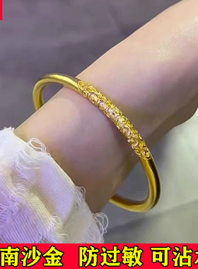 2025新款金店同款卷草纹手镯黄铜镀金色古法传承精工实心素圈手环