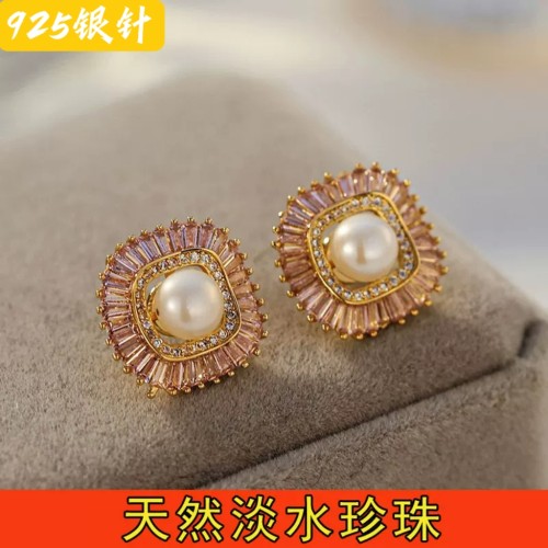 S925银法式轻奢珍珠耳钉镶钻高级感耳饰女时尚气质百搭耳环新款