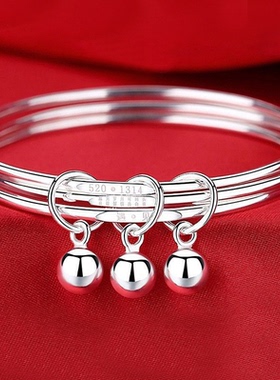 2025新款520情人节三生三世925银手镯女三圈铃铛手环手镯