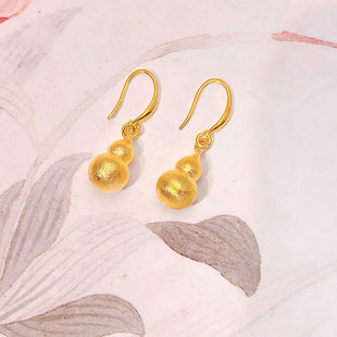 古法沙金精致葫芦耳环 新中式轻奢招财福禄弯钩耳坠黄铜镀金耳饰