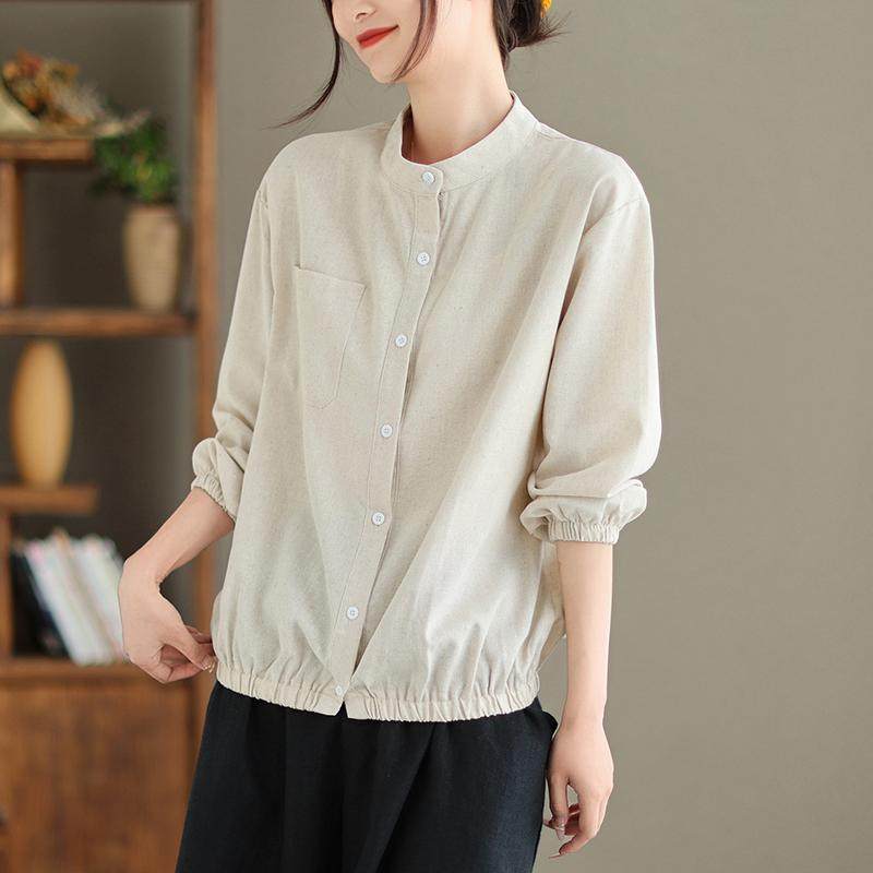 复古纯色立领棉麻长袖衬衫女春秋新款宽松休闲百搭亚麻上衣短外套