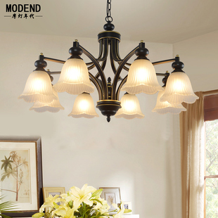 美式 田园吊灯简约大气客厅温馨卧室餐厅饭厅家用房间铁艺玻璃灯具