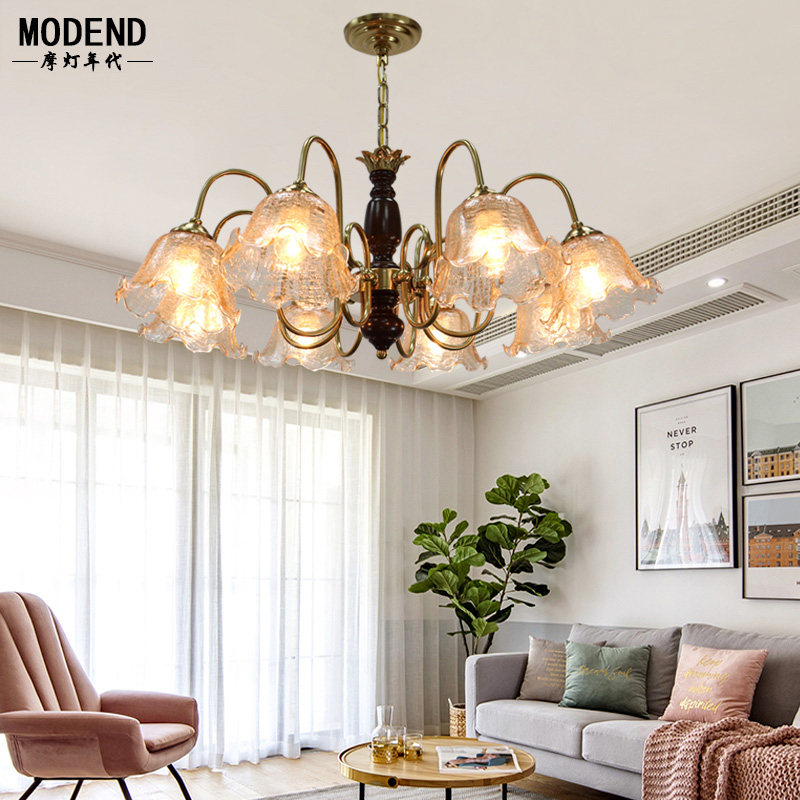 美式复古实木客厅吊灯温馨卧室餐厅创意玻璃灯罩铜色灯体8头6头灯,家装灯饰光源,客厅吊灯,淘宝优惠券,粉丝福利购,淘宝优惠卷