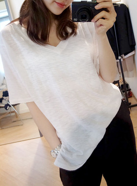 2024春新款宽松短袖v领纯棉t恤女韩版简约休闲百搭大码韩范打底衫