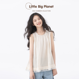 小小大星球童装 森系压褶花边竖条纹上衣 夏天元气女童小清新背心