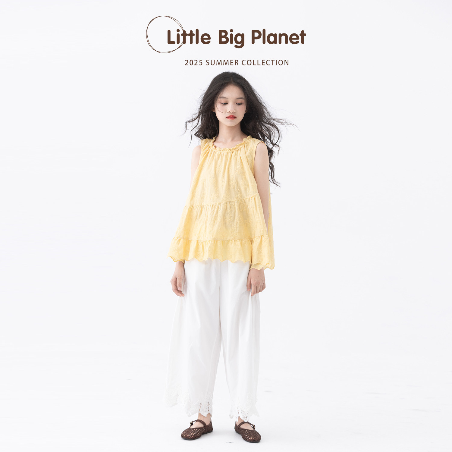 小小大星球童装 阳光海岸重工花朵刺绣背心 夏季文艺女童全棉上衣